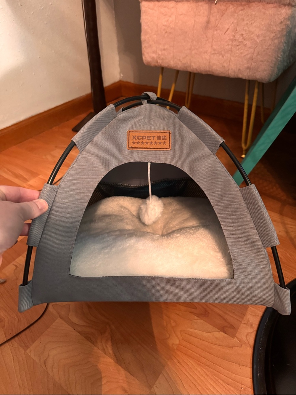 XCpet Gray Triangle Cat Tunnel Bed with Plush Cushion